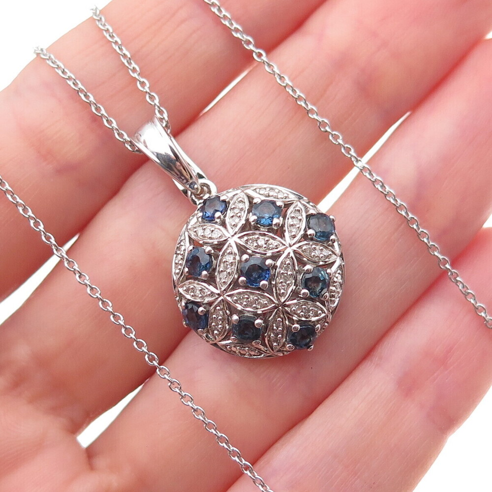 925 Sterling Silver Real Diamond & Sapphire Floral Cable Chain Necklace 18"